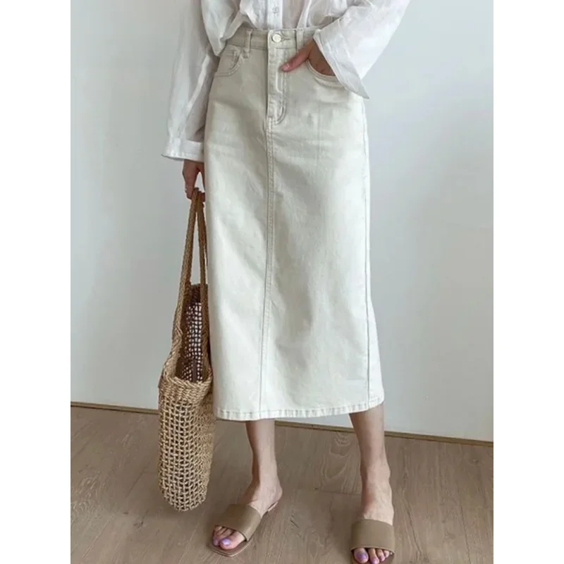 無地デニムロングスカート レディース ヴィンテージ カジュアル ハイウエスト スリット入り Aラインスカート 夏 2025 新作 シンプル Y2K スカート