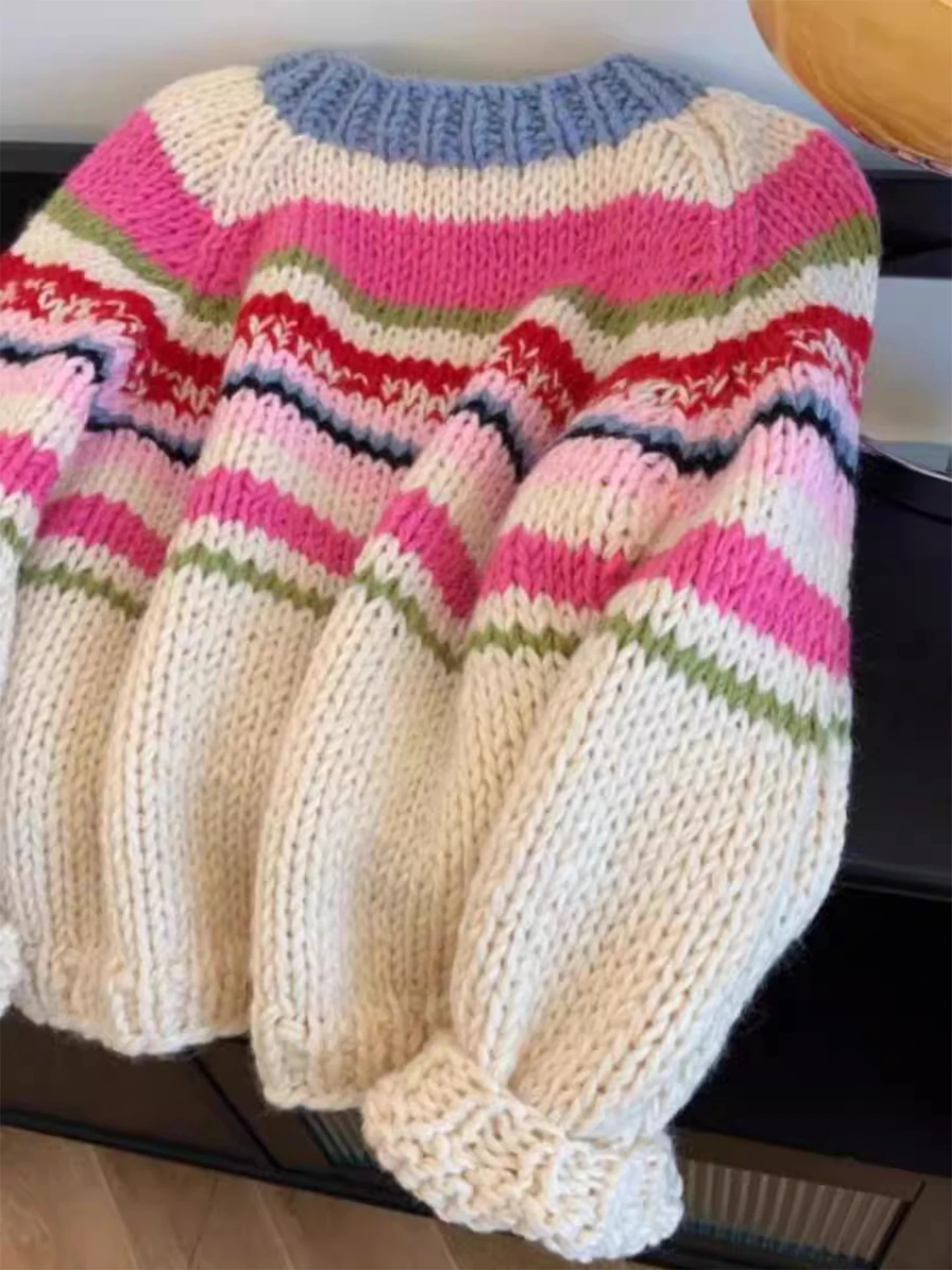 Maglione lavorato a maglia da donna retrò Lazy Sle, pesante, caldo, strisce arcobaleno, sopra la testa, nuovo arrivo invernale