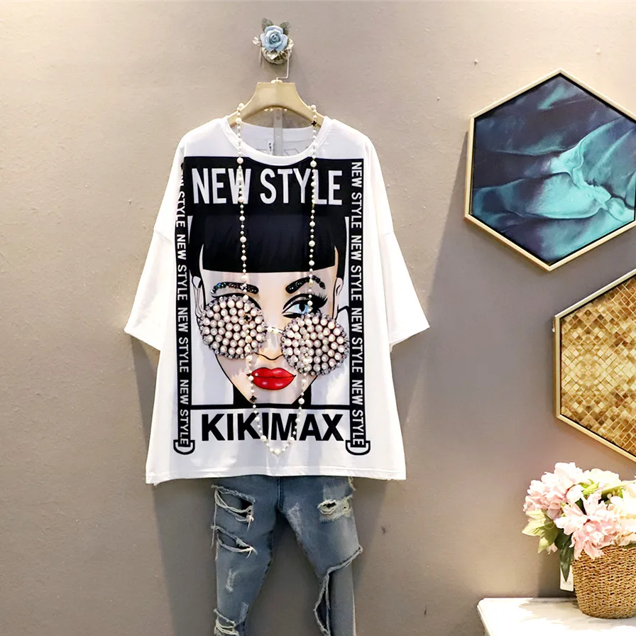 

Summer Women Tees Short Sleeve White Women T-shirts Letters Cool Ladies Printed Sequins Pearls Beadings Cotton Tees Tops SY052