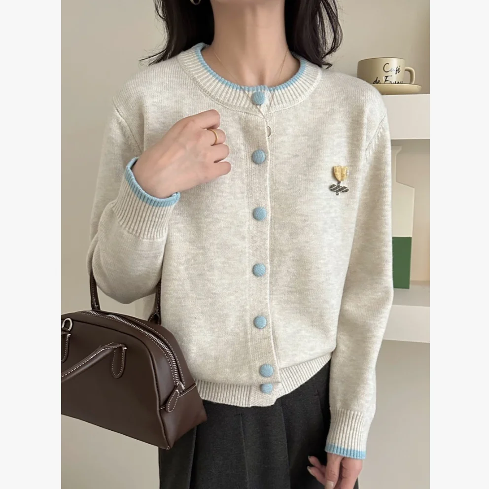 Tulip Contrasting Round Neck Cardigan Jacket Women's Autumn and Winter Loose Sweater Knitted Top