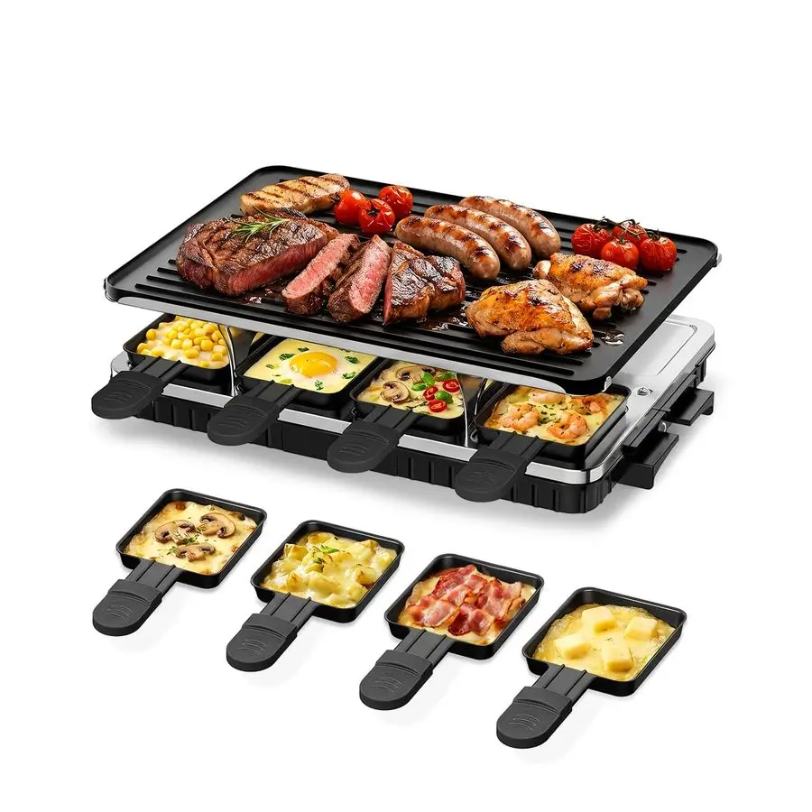 

Электрический гриль-раклетт с 8 подогреваемыми подносами, 2-в-1: корейский гриль для барбекю и электрическая сковорода с антипригарным покрытием, регулируемая температура