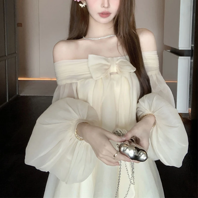 Women Sexy Off Shoulder Bow Cute Sweet Harajuku Fairy Mini Dress Y2K Korean Solid Long Sleeve Loose Irregular Dresses Vestidos