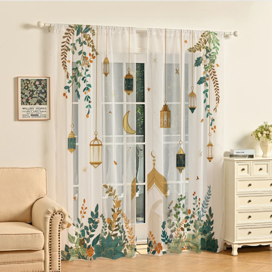2PCS Digital Print Sheer Curtains, Green Plant Hanging Lamp, Boho Botanical Indoor Garden for Bedroom Living Room Home Decor