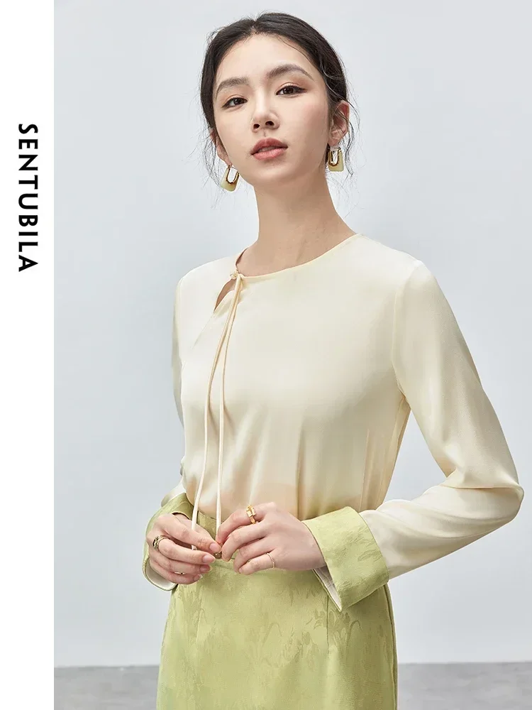 SENTUBILA 2 Piece Skirt Set Women Chinese Style 2024 Autumn Elegant Outfits Contrast Cuff Blouse Jacquard Slit Skirt 143Z55766