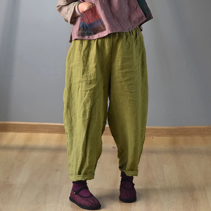 

100% Linen Women Casual Harem Pants New Arrival 2025 Summer Vintage Style Solid Color Loose Female Ankle-length Pants T488