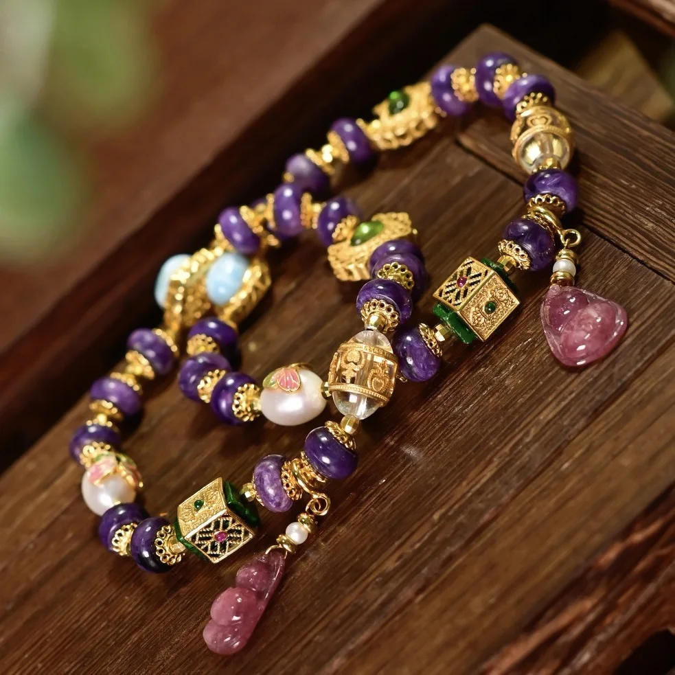 Charoite Multi-Gem Bracelet, 925 Silver Jade Larimar Pearl Tourmaline Pendant Treasure