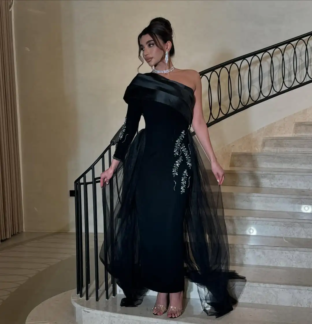 

Customized One Shoulder Long Sleeve Evening Dresses Pleated Beadings Prom Dresses Ankle Length Vestidos De Noches
