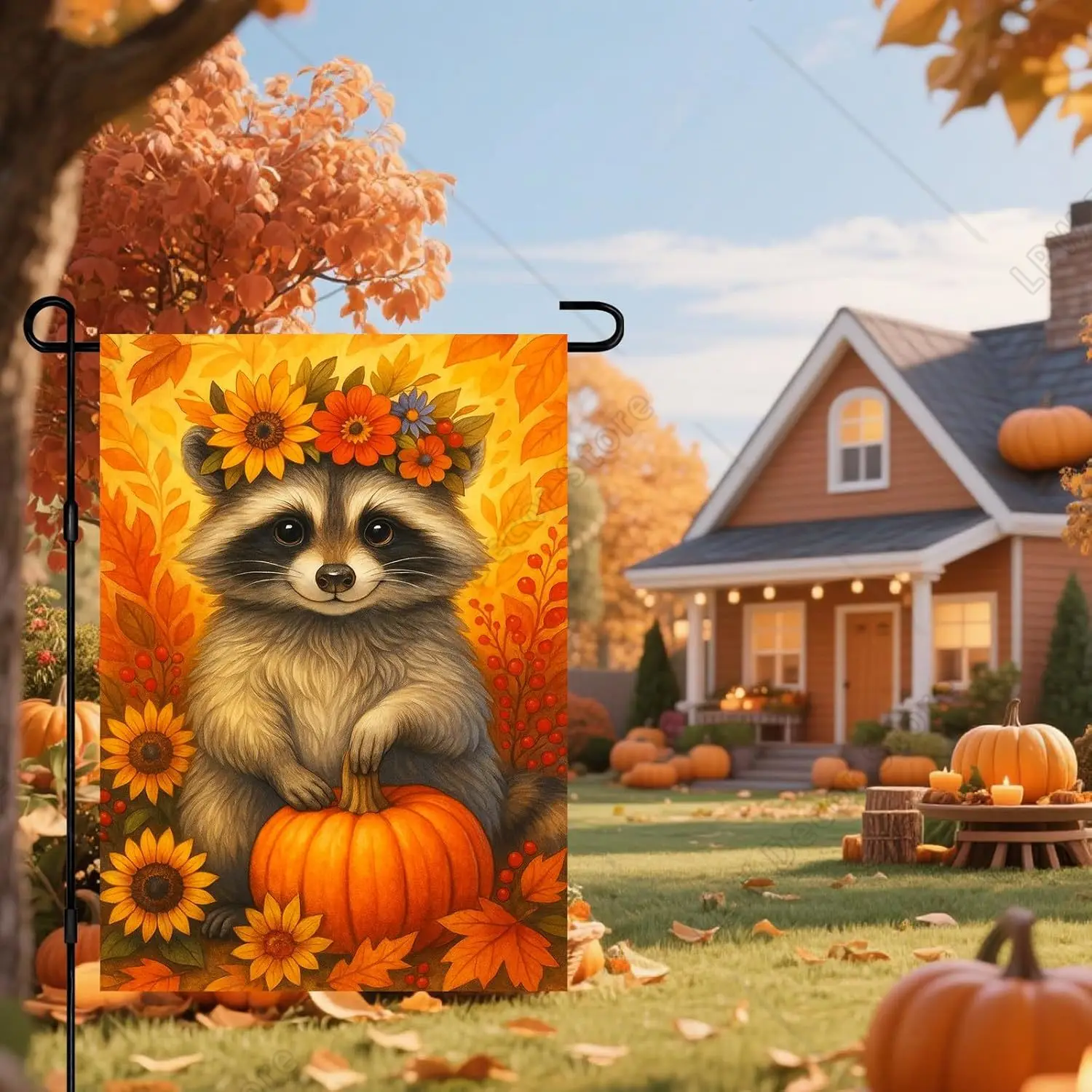 Thanksgiving Fall Garden Flag Raccoon Pumpkin Flower Crown Outdoor Flag Double Sided Autumn Animal Yard Banner