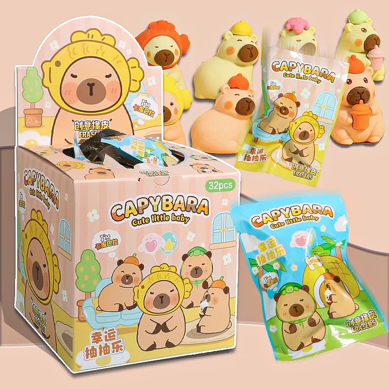 32Pcs/box Capybara Blind Bag Eraser Lottery Toy Creative Cartoon 3D Doll Eraser Action Pencil Doll Model Kids Stationery Gifts