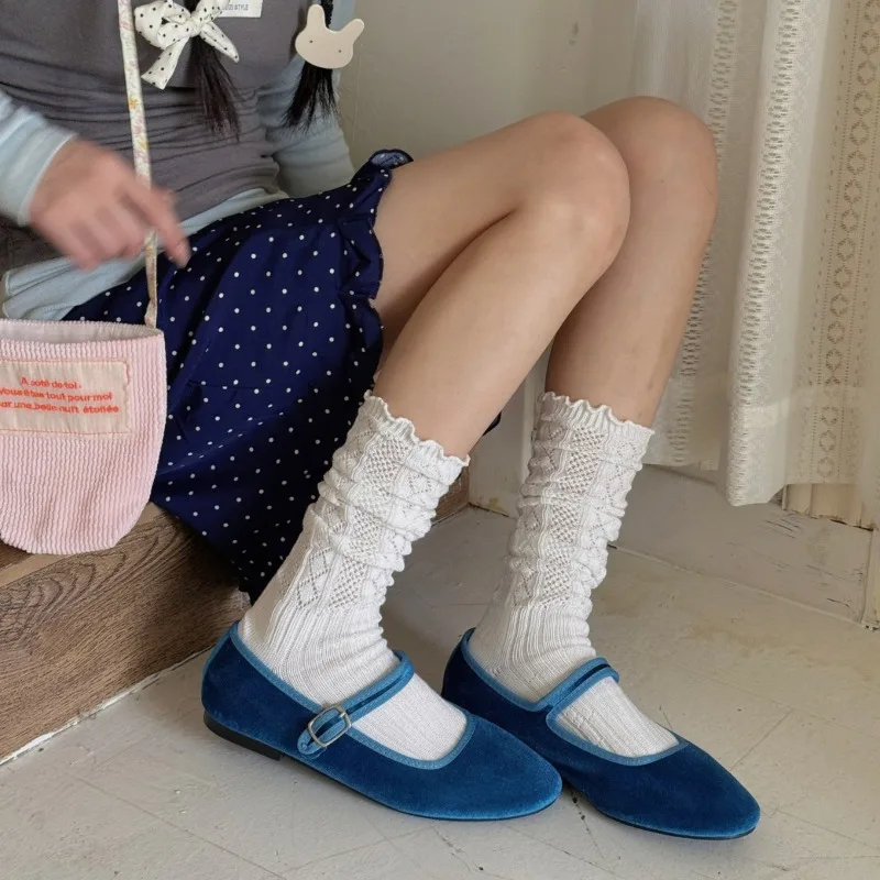 

SP&CITY Ballet Style Hollow Out Mid Tube Socks with Double Needles Sweet Japanese Ruffle Edge Pile Socks Soft Thin Casual Sock