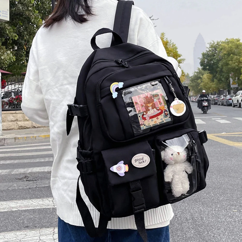 2023 Fashion Japanese Nylon Bookbags with Plush Pendant Summer New Student Kawaii Backpack Large Capacity Woman College Rucksack