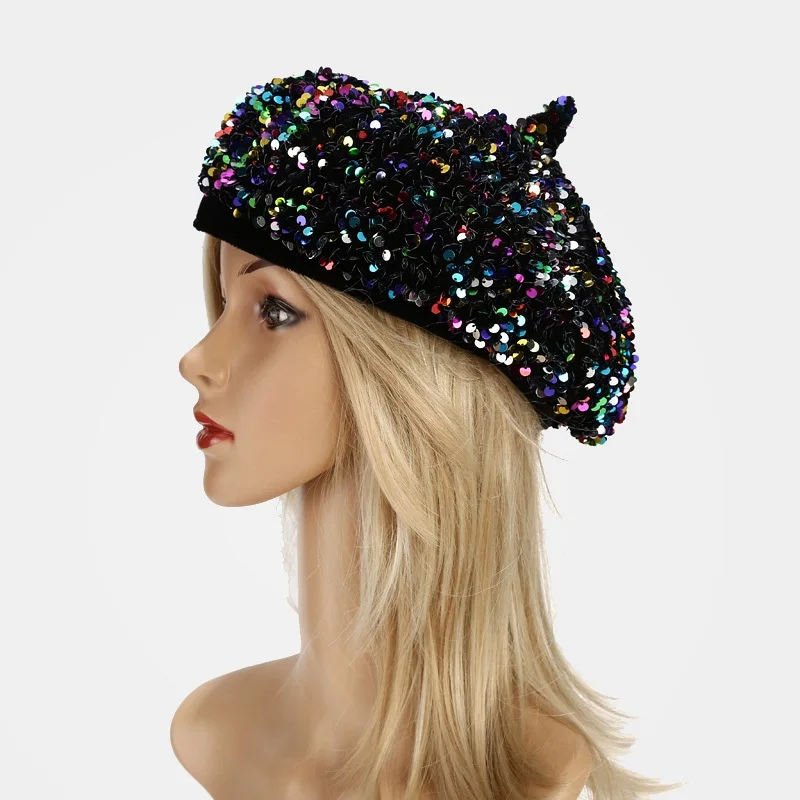 

New Ladies Sequin Vintage Beret Trend Women French Round Cap Europe America Elegant Octagonal Cap Personality Street Painter Hat