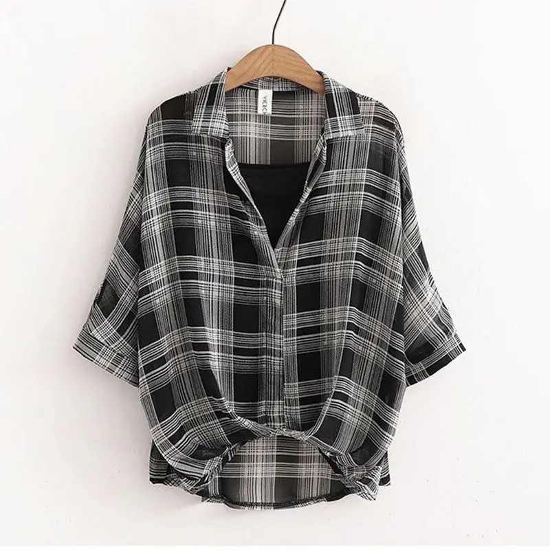 Striped Plaid Vintage Polo Neck Shirt Loose Black Vest Two Piece Set Women\'s Blouse Shirt Korean Fashion Female Clothing Tops