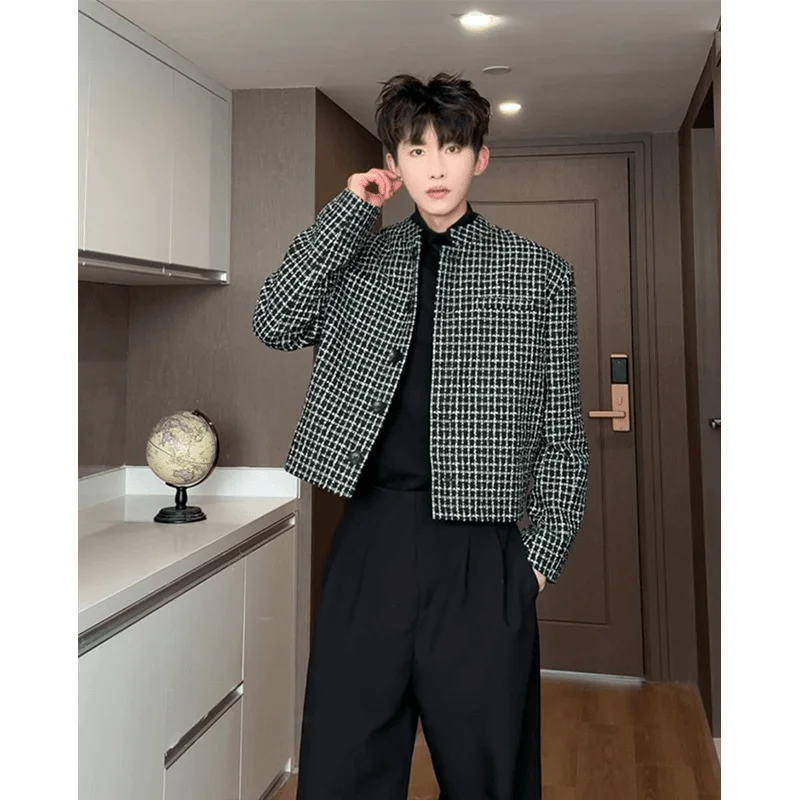 

oulder Pad Suit Jaet Men's ort Sle Spring Autumn High Faion Cleanfit Plaid Outerwear Youth Trend Polyester Fiber