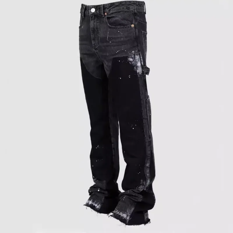 Men's Denim Cargo Pants European American Fashion Ins Stretch Patch Layered Flared Denim Trousers Streetwear