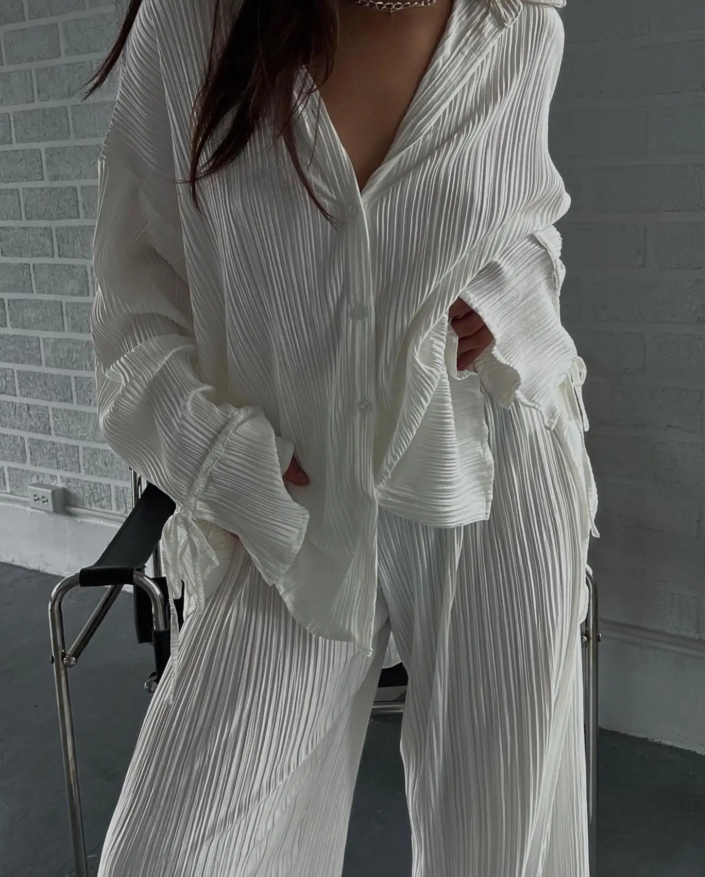 Solid Casual Outfits Sexy V Neck Buttons  Long Sleeve Blouse and Elastic Waist Split Pants Suits 2022  Loose 2 Piece Women Sets