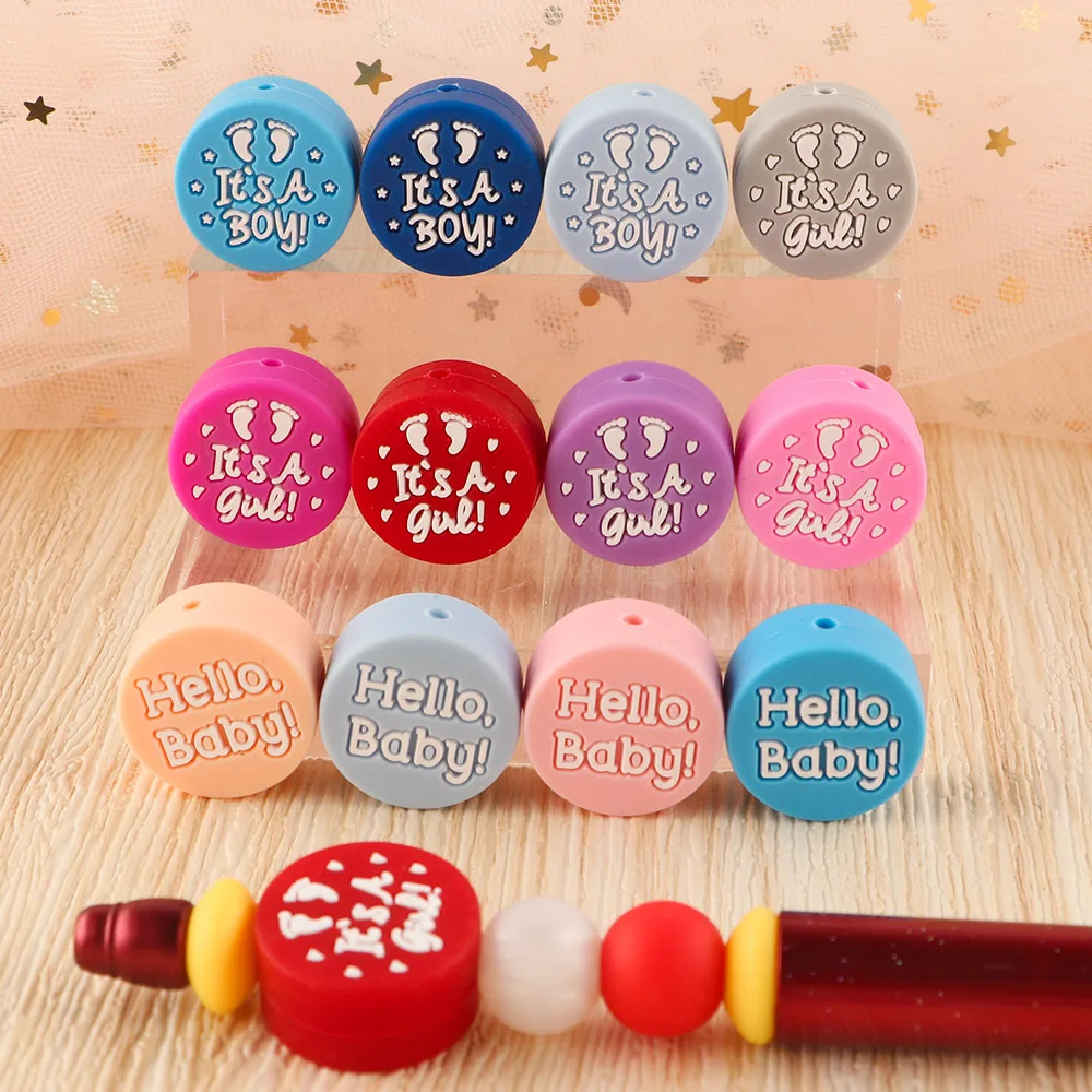 Kovict 5~10Pcs/Lot It\'s Boy/Girl Round Shape Hello Baby Silicone Bead Milk bottle For Jewelry Bulk DIY Pacifier Chain Accessorie