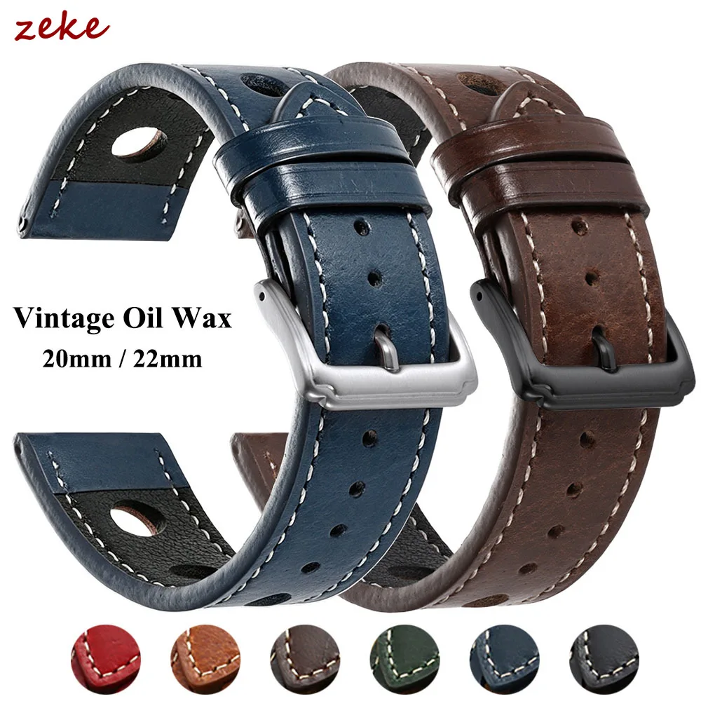 Vintage Oil Wax Leather Watch Band for Omega 20mm 22mm Porous Breathable Watch Strap for Seiko Matte Pin Clasp Watch Accessories