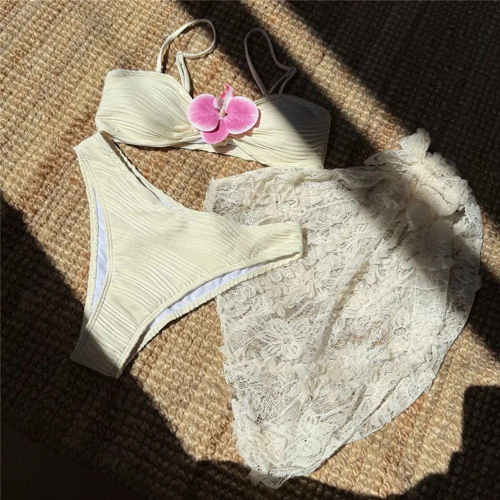 3D fleur Bikinis ensembles 3 pièces dentelle maille couverture Ups solide blanc Texture maillots de bain Sexy maillot de bain femmes vêtements de plage baigneur Biquinis