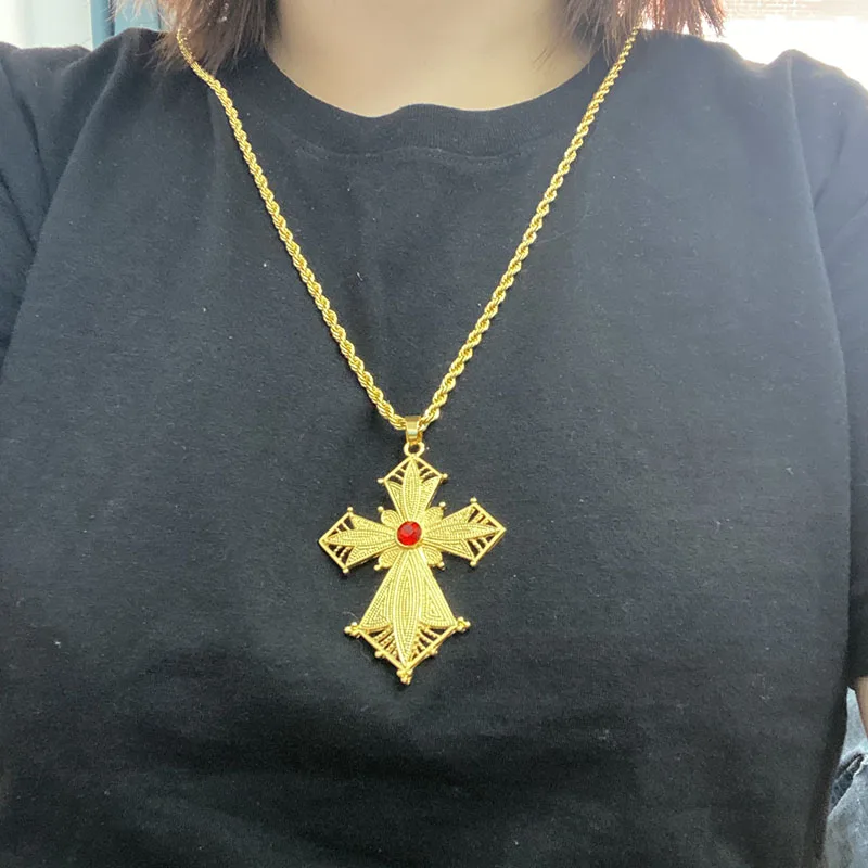 80cm Twisted Chain Ethiopian Cross Pendant  for Women Men African Wedding Party Gold Color Ethiopian Eritrea Jewelry Gift