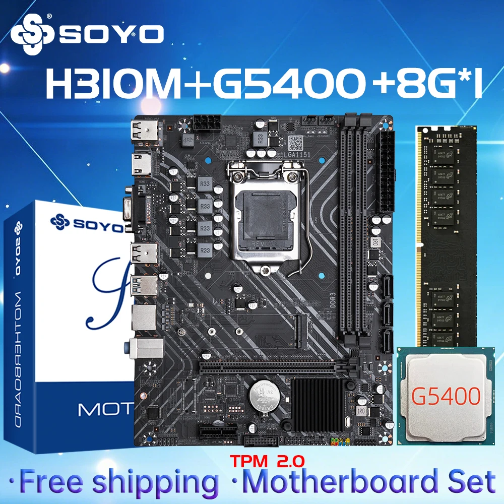 

SOYO H310M DDR3 Motherboard G5400CPU 8G RAM Intel LGA1151 TPM2.0 Computer com Kit Xeon PCGAME PCIE3.0*16 Desktop MainboardUSB3.0