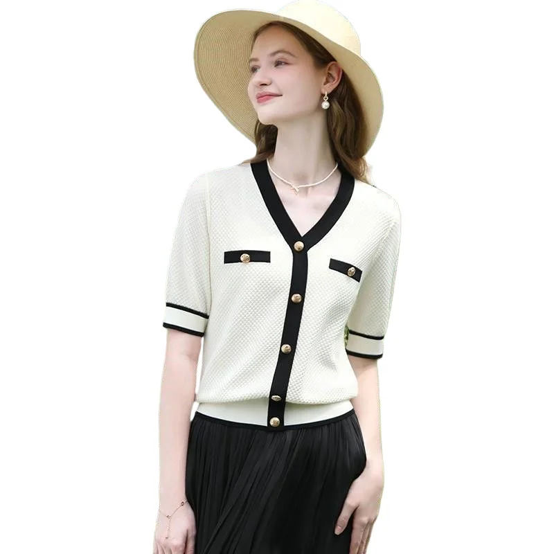 

Short-sleeved V-neck Top Women' Black and White Contrasting Color Hollow Ice Silk Knitted Sweater Thin Comfortable Versatile Top