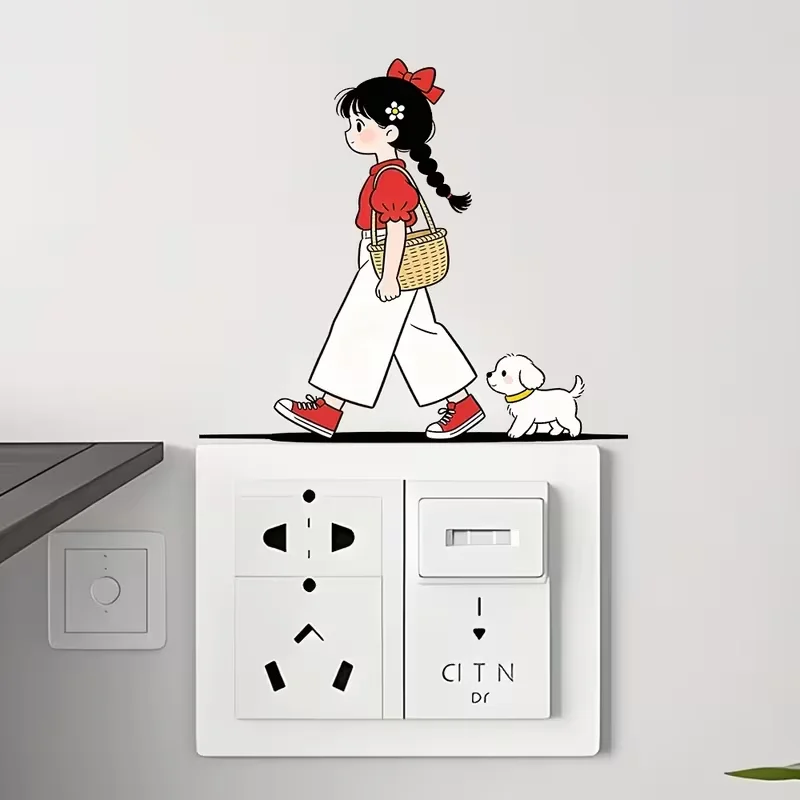1PC cute girl walking dog pattern switch wall sticker, PVC sticker, suitable for home decoration socket switch wall sticker