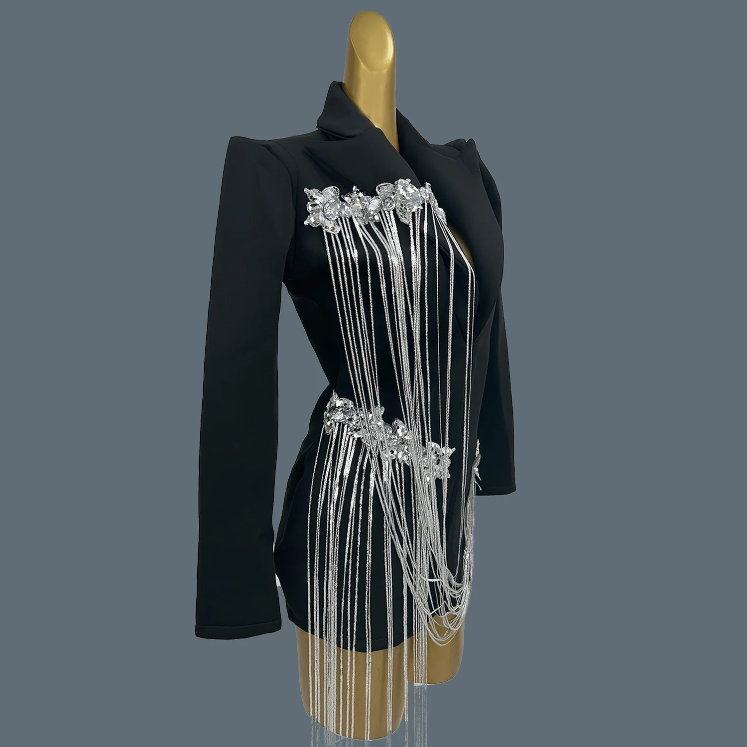 

Women Sparkly Rhinestone Tassel Deep V-neck Suit Dress Nightclub Singer gig Show Mini Dress Party Dress Sexy Set Dress Xizhuang