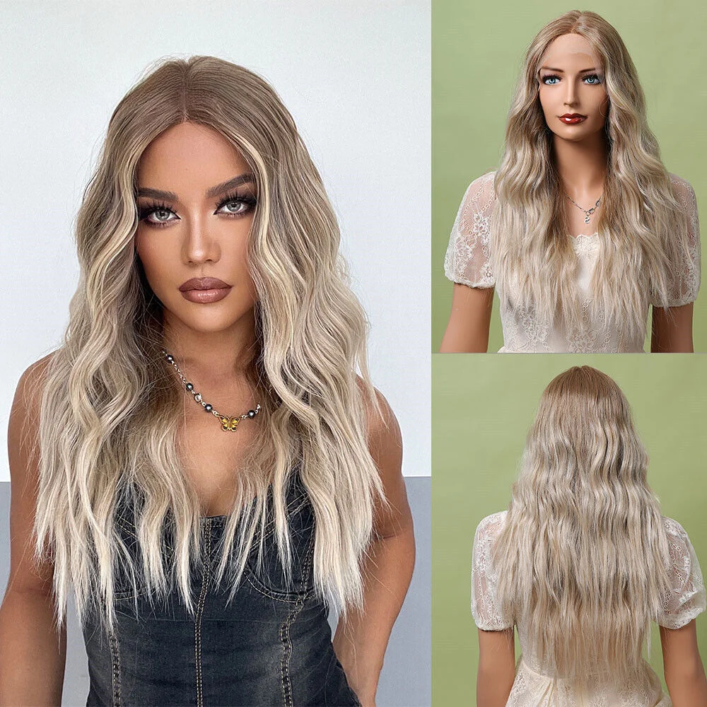 Long Ombre Ash Brown Blonde Lace Front Hair Synthetic Natural Wavy 24 Inch Wig