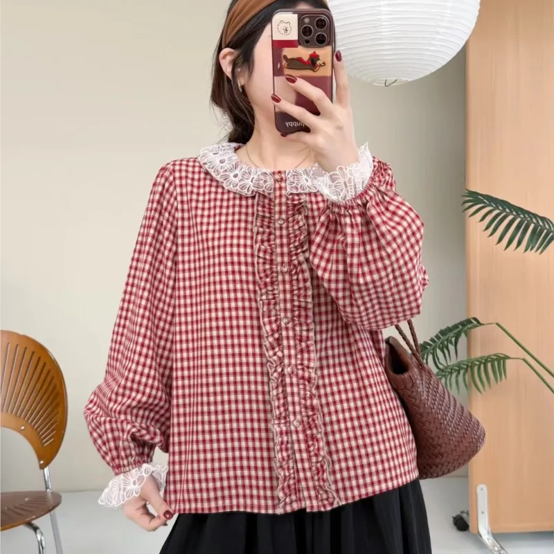 

Johnature Double-layer Lace Collar Plaid Ruffle Shirt New Spring Casual Loose Long-sleeve Lightweight Women Tops
