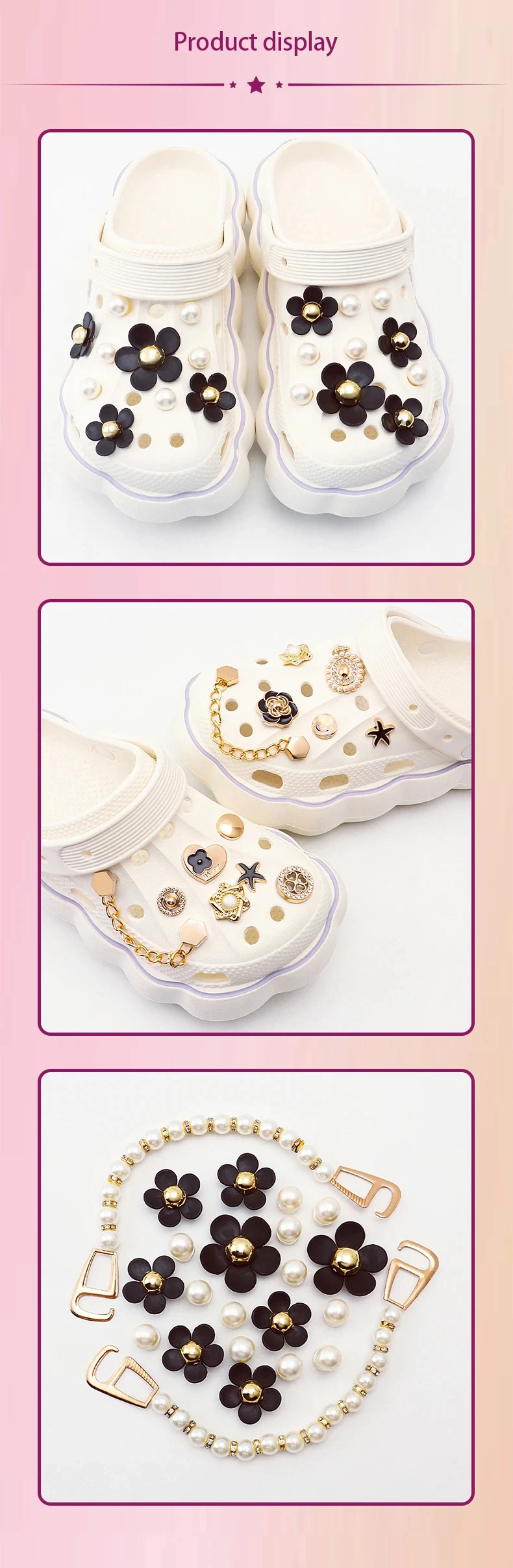 Modisches 1-Set mit Perlen, schwarzen Blumen, Schuhanhänger, Sandalen, Charms, Dekorationsset für Kinder und Frauen, Loch-Schuhzubehör, Neu – Detail 5