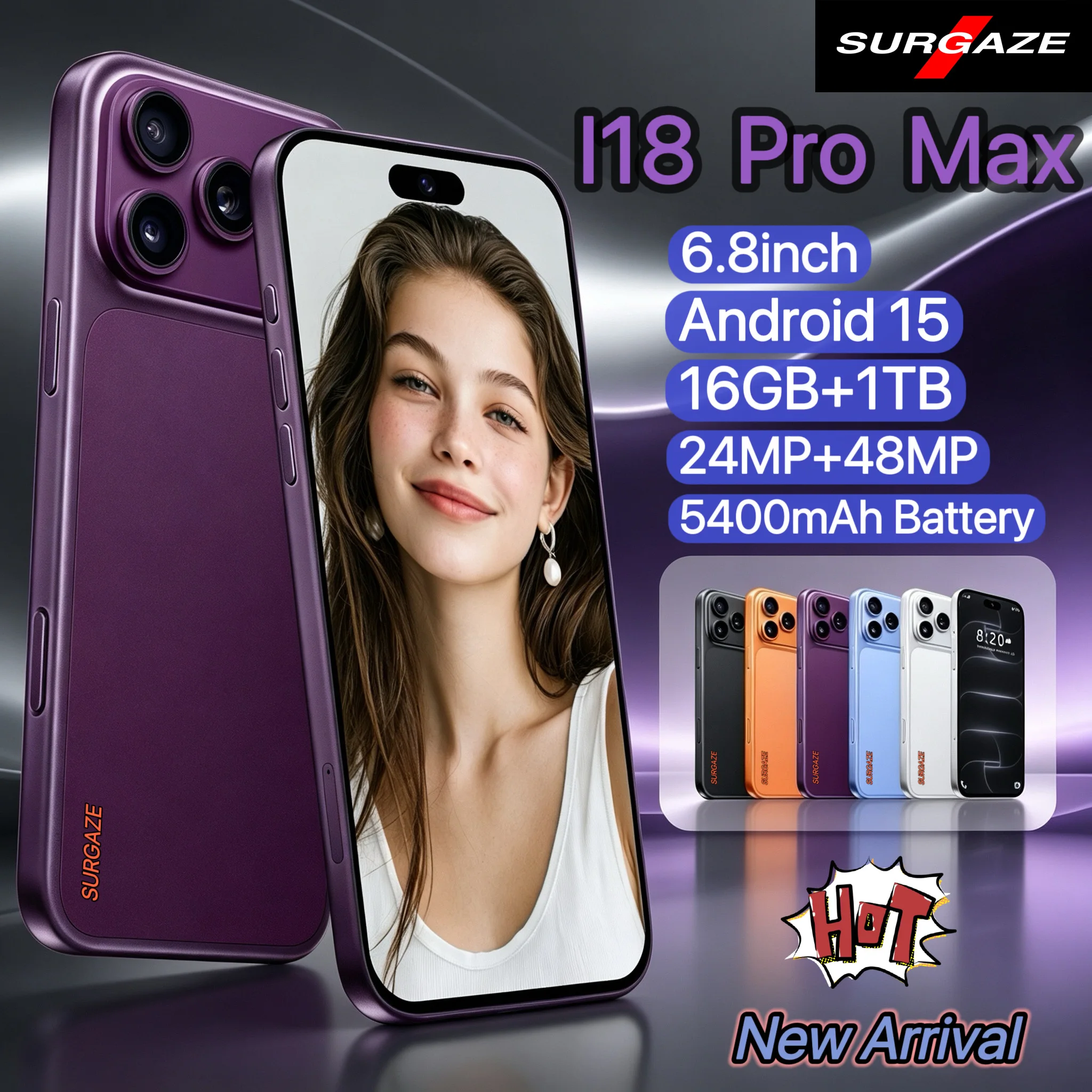 هاتف SURGAZE I18 Pro Max الذكي الجديد عالي الأداء ببطارية 5400 مللي أمبير، نظام أندرويد 15، ذاكرة 16 جيجابايت + 1 تيرابايت، شاشة 6.8 بوصة، 5G، شريحتين، إصدار عالمي