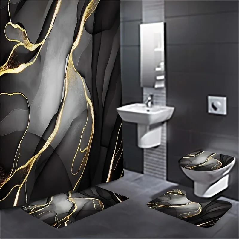 1/4pcs Black Golden Marble Pattern Bathroom Set, Waterproof and Insulating Multifunctional Shower Curtain, with 12 Hooks, Non-sl