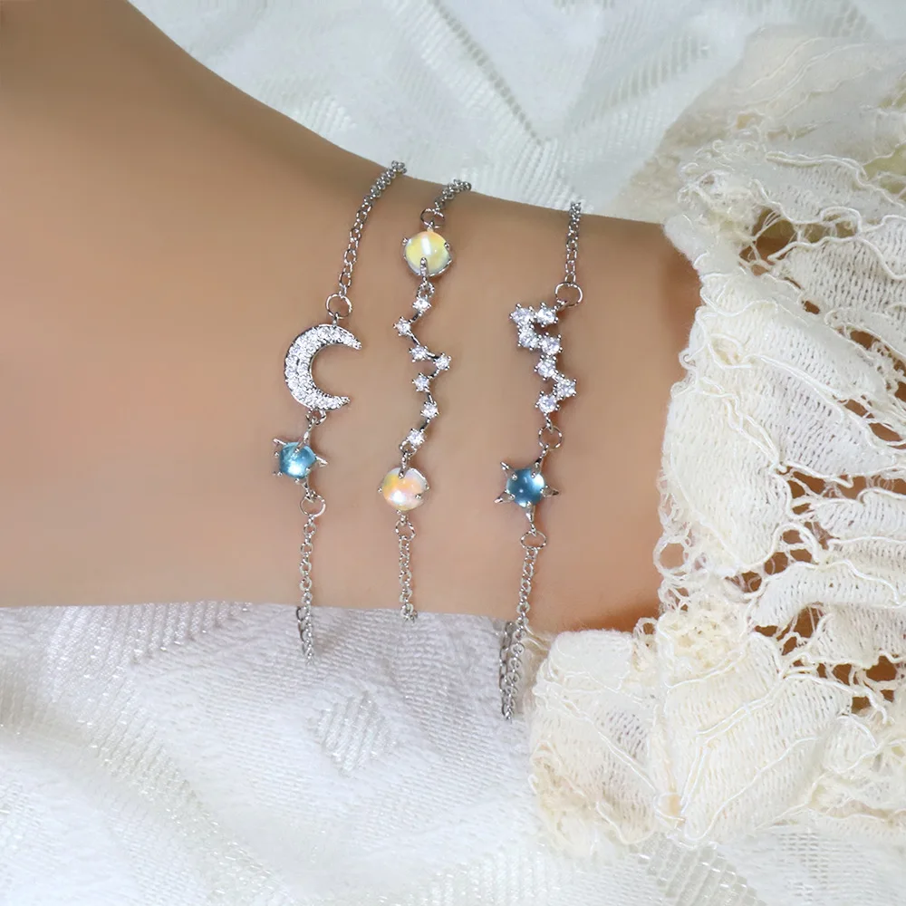 925 Sterling Silver Sweet Sparkling Diamond Moonstone Bracelet for Women, Mori Girl Style Gift, Big Dipper Bracelet