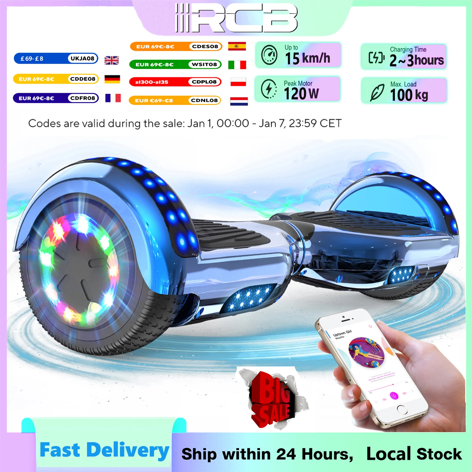 RCB Hoverboard, 6.5 Inch Two Wheel Hoverboard with Bluetooth Speaker with LED Light, Hoverboard Gift for Kids and Adults