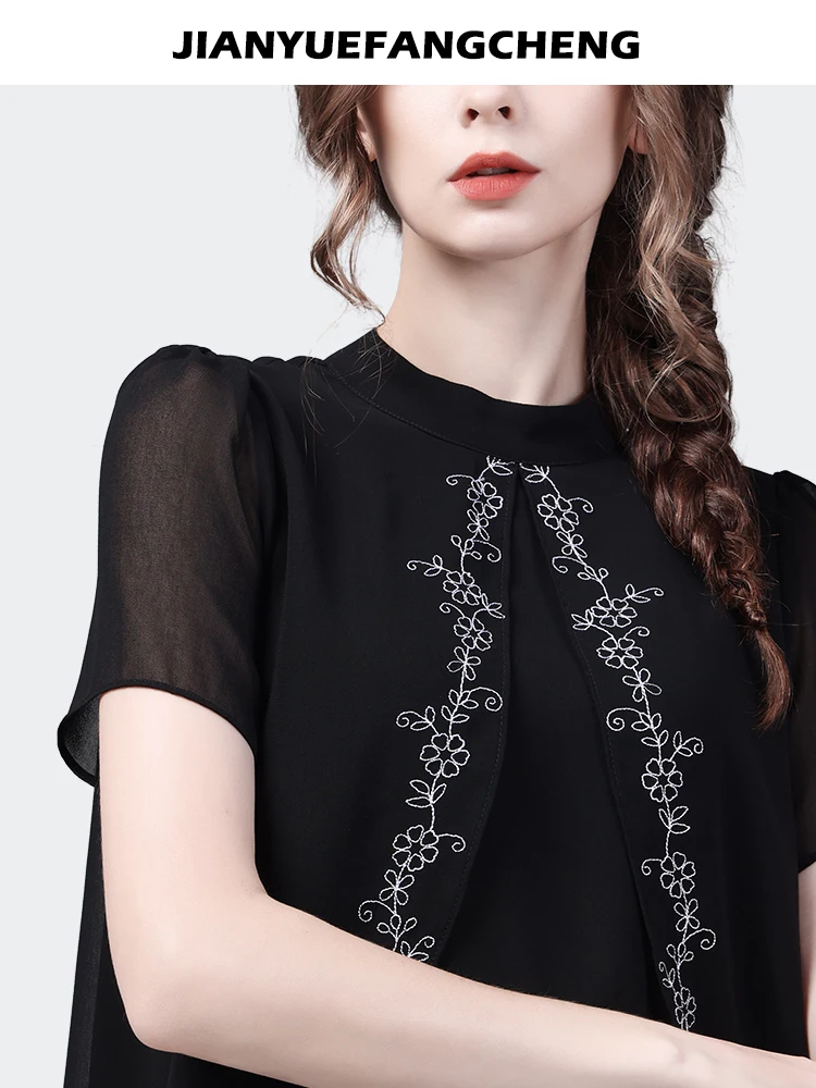 2024 Summer Design Short sleeved Black Chiffon Cloak Top Women\'s Embroidered Bottom Casual Blouses Western Style Shirt