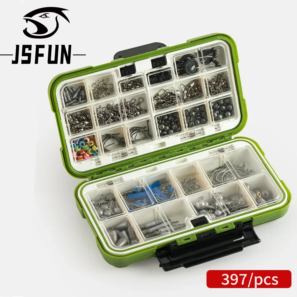 jsfun-397個入り-グリーン釣りアクセサリーキット-24コンパートメント-二層式ベイトボックス-フック、鉛シンカー、釣り道具付き