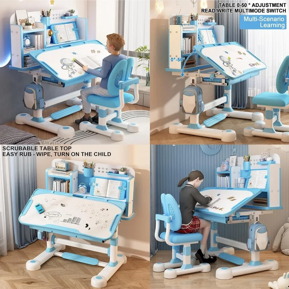 Piccola scrivania, set di sedie da scrivania per bambini, set di sedie da tavolo per studio scolastico per bambini regolabili in altezza con correttore di seduta