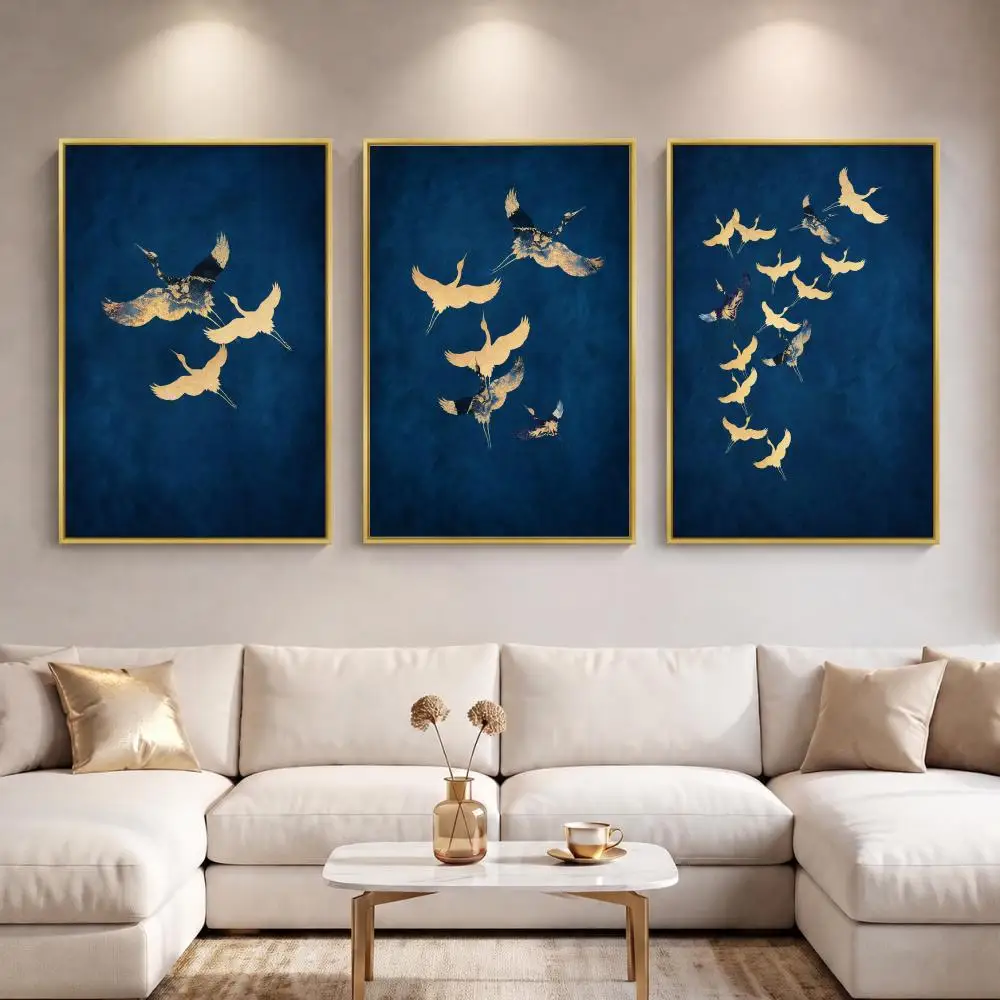 Blue and gold Japanese Dark Blue Crane Formation Painting Calligraphy 3 PCS Canvas Wall Art for Living Room Decor Wall Decals
