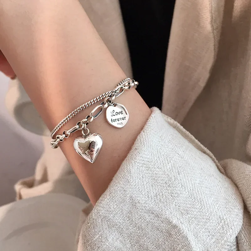 

925 Sterling Silver Love Heart Letter Double Layer Bracelets for Women Vintage Design Thai Silver Luxury Jewelry Gift