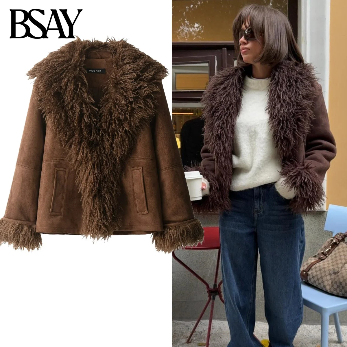 

BSAY Thickened Warm Artificial Fur Effect Jacket for Women Fashion Autumn Winter New Solid Long Sleeve Lapel Short Jackets Coat