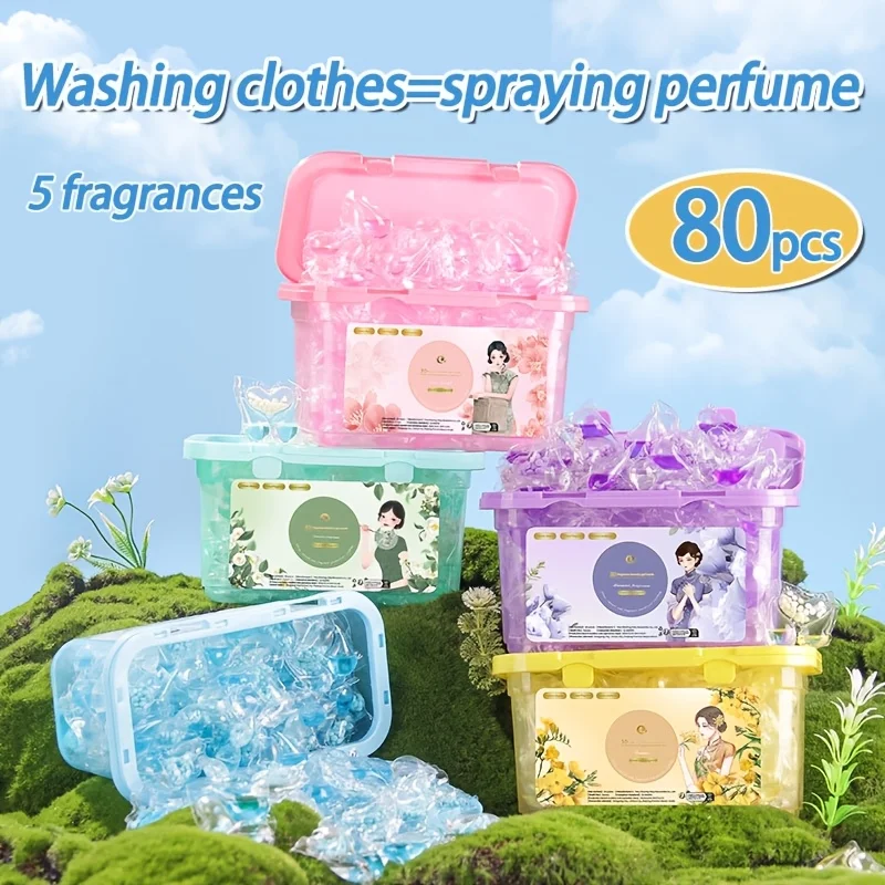 Paquetes de detergente para ropa 3 en 1 de alta calidad, aroma duradero para eliminar manchas y olores, cajas de plástico transparentes con tapas, 80 Uds.
