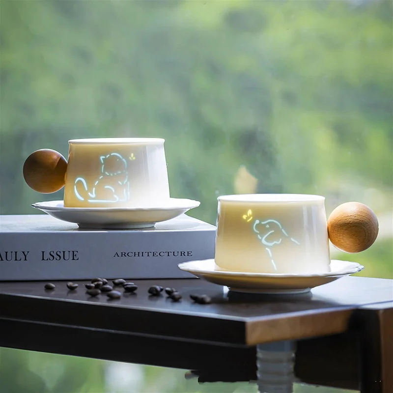 Creative Wood Handle Ceramic Coffee Cup Set with Saucer - Cute Cat & Dog Pattern Latte Mugs for Home Cafe Decor