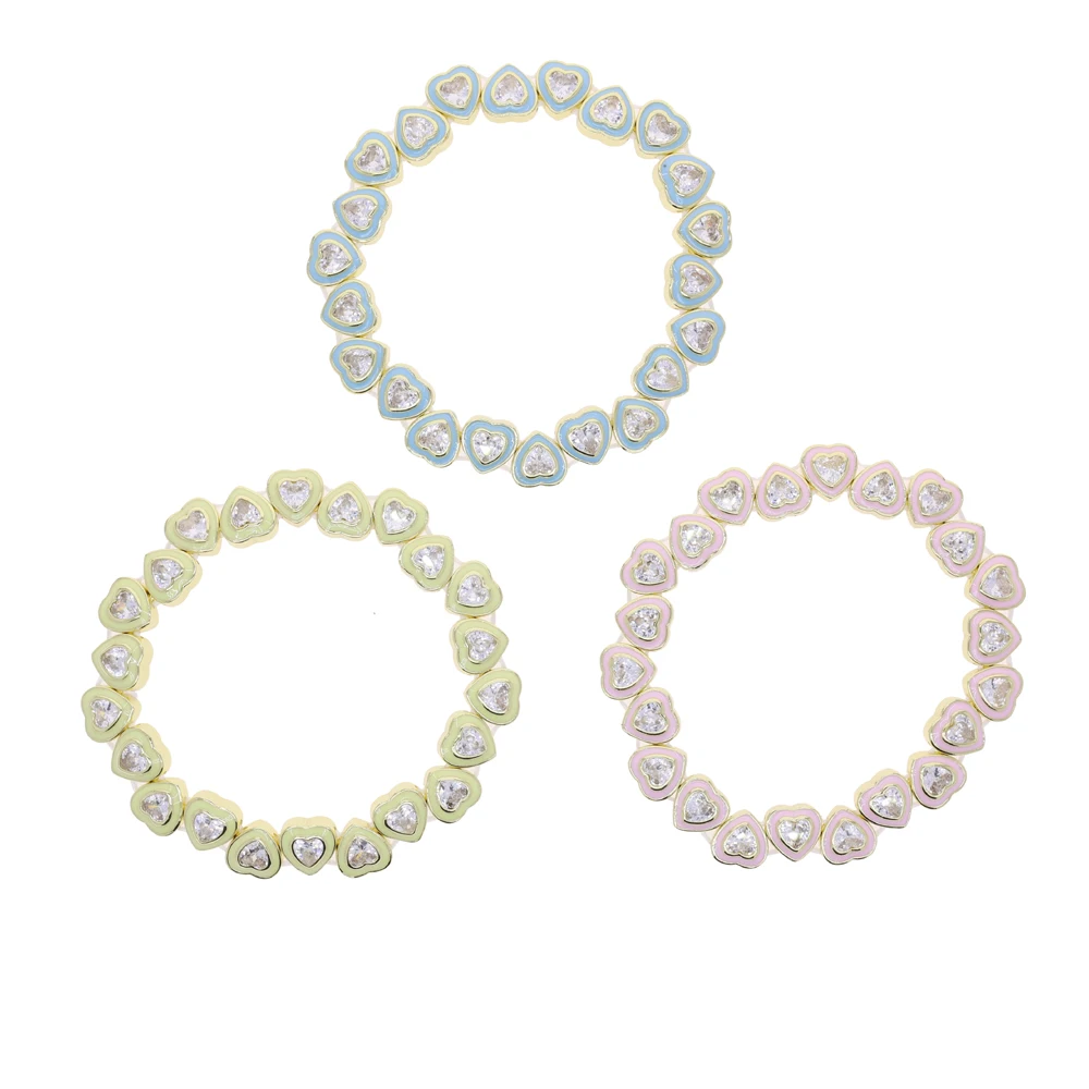 High Quality Multicolour  Enamel Heart Shaped Stretchy Bracelets Shine CZ Cubic Zirconia Wedding Party Fashion Jewelry For Women