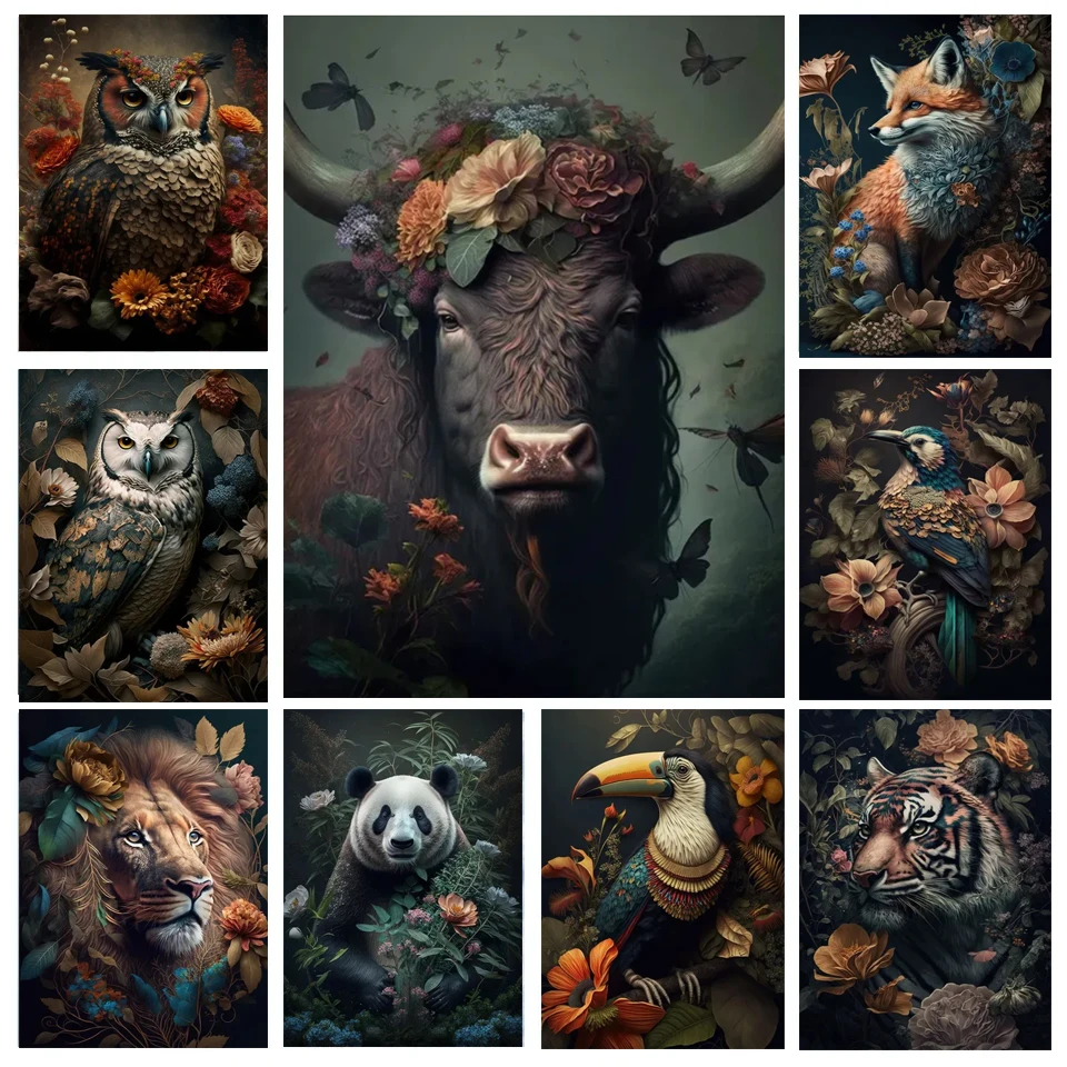 New Diamonds Painting Animal Tiger Lion Owl Highland Cow Diy Full Mosaic 5D DIY Rhinestone Flower Embroidery Cross Stitch X1315
