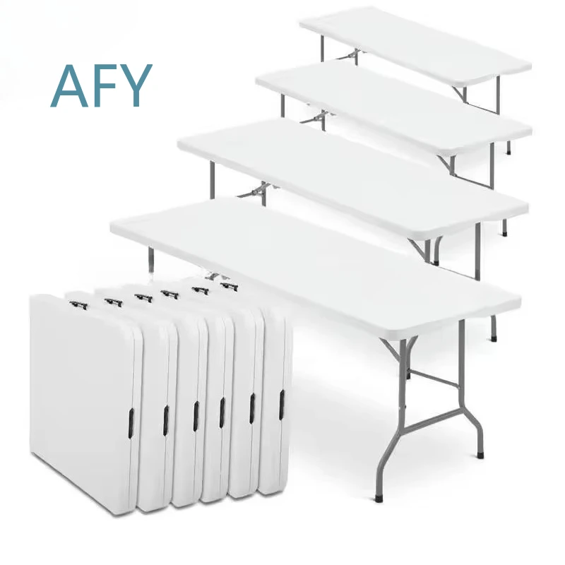 Outdoor Dining Table for Folding Metal Legs White Plastic Rectangular Garden Table for Wedding Banquet Patio Backyard Picnic