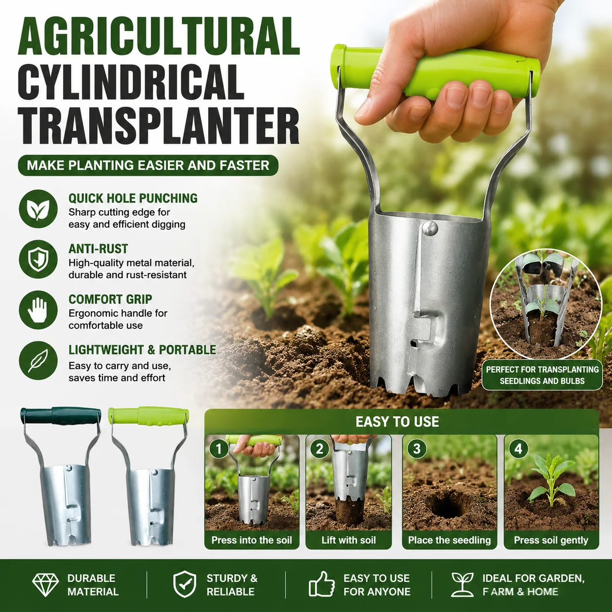 Flower Transplanting Extractor Tool Multifunctional Seedling Transplanter Handheld Tube Type Gardening Farm Hole Punch Digger