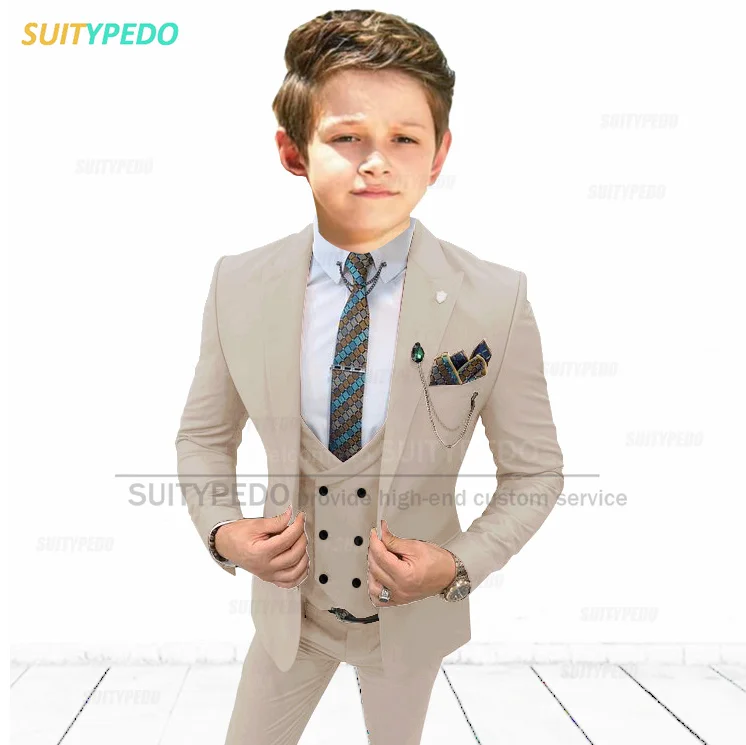 

Children's Formal Khaki Suit Set Boys Wedding Birthday Party Host Photography Costume Kids Blazer Vest Pants 3 Pieces Outfit