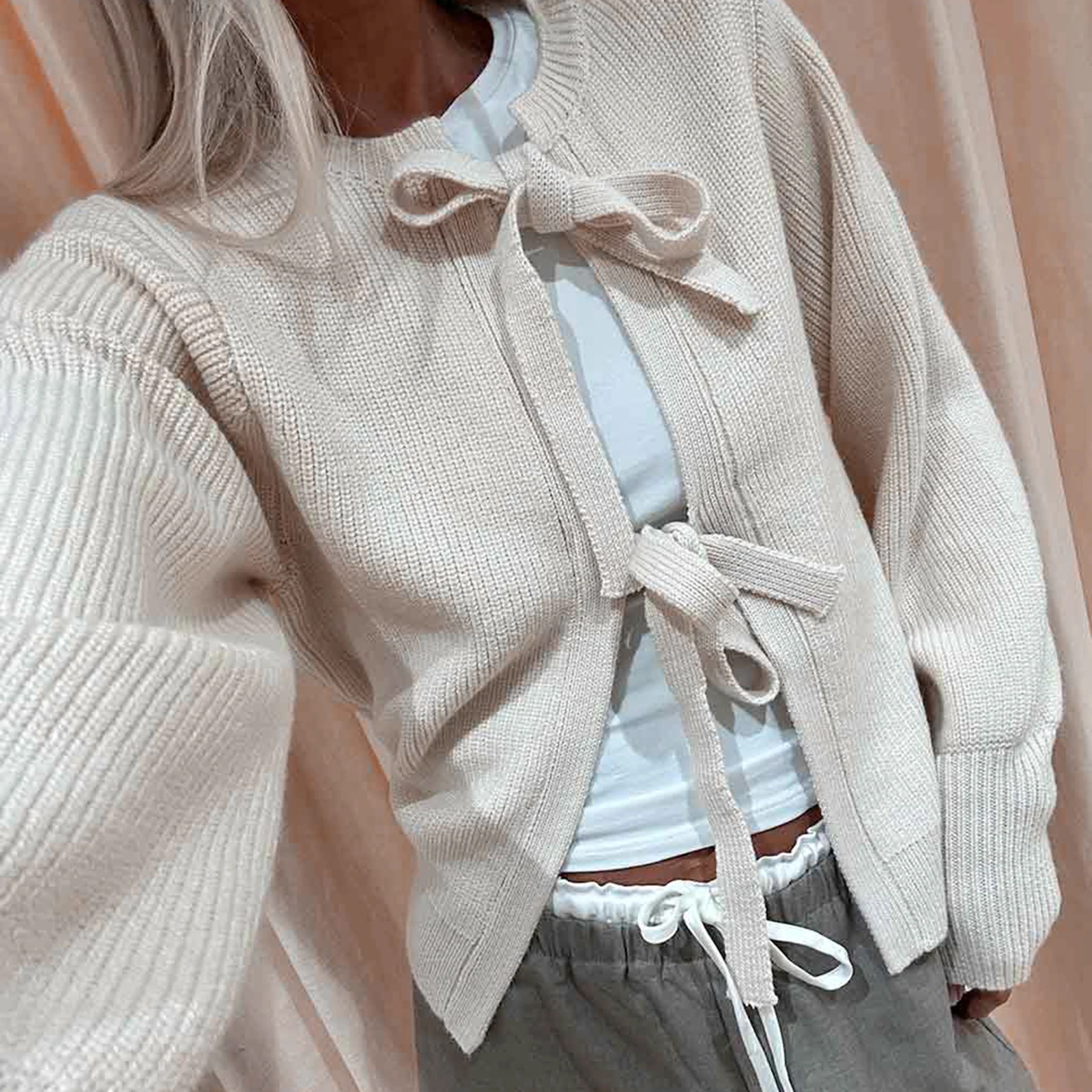 Fall Winter Knit Cardigan Women Ribbed Tie Front Long Sleeve Loose Sweater Solid Color Sweet Slim Coat Tops