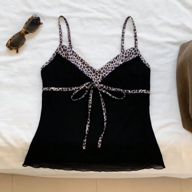 Sleepwear Camisole Leopard Print V Neck Tank Top Slim Fit Tie Front Sleeveless Top Cropped Vest Black Red Spaghetti Straps
